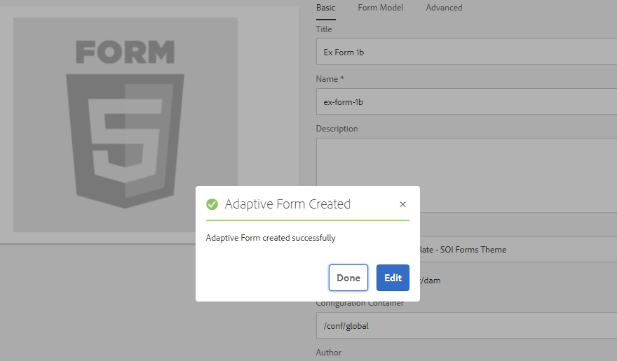 Adaptive Form Created pop-up message