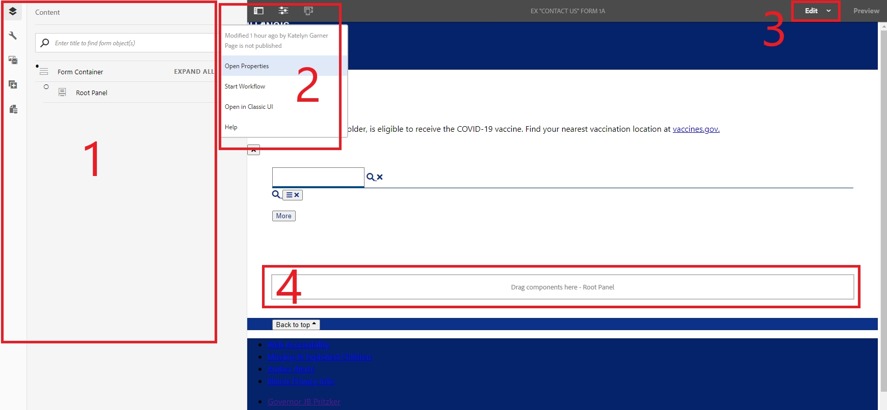 Environment to Edit Form. Elements numbered 1-4.