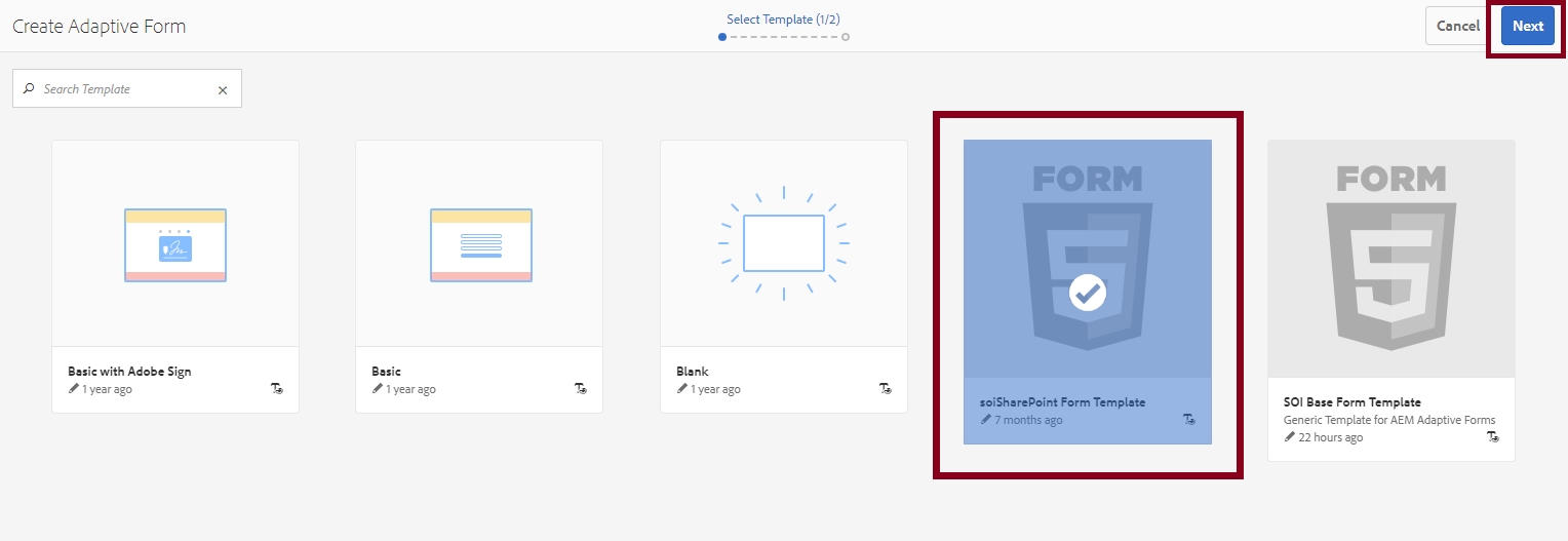 "soiSharePoint Form Template" & "Next" outlined on Select Template page