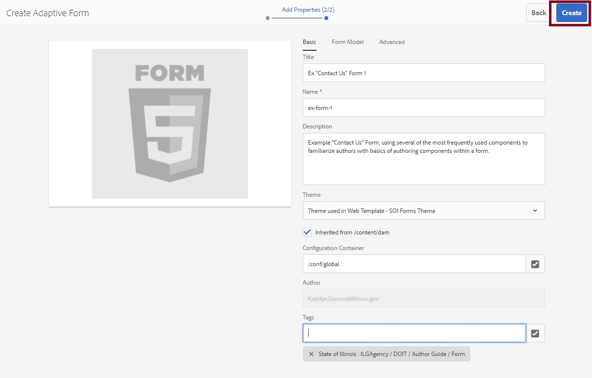 Form Creation Step 2 page: Add Properties
