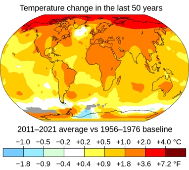 Average surface air temperatures 2011-21 compared to 1956-76