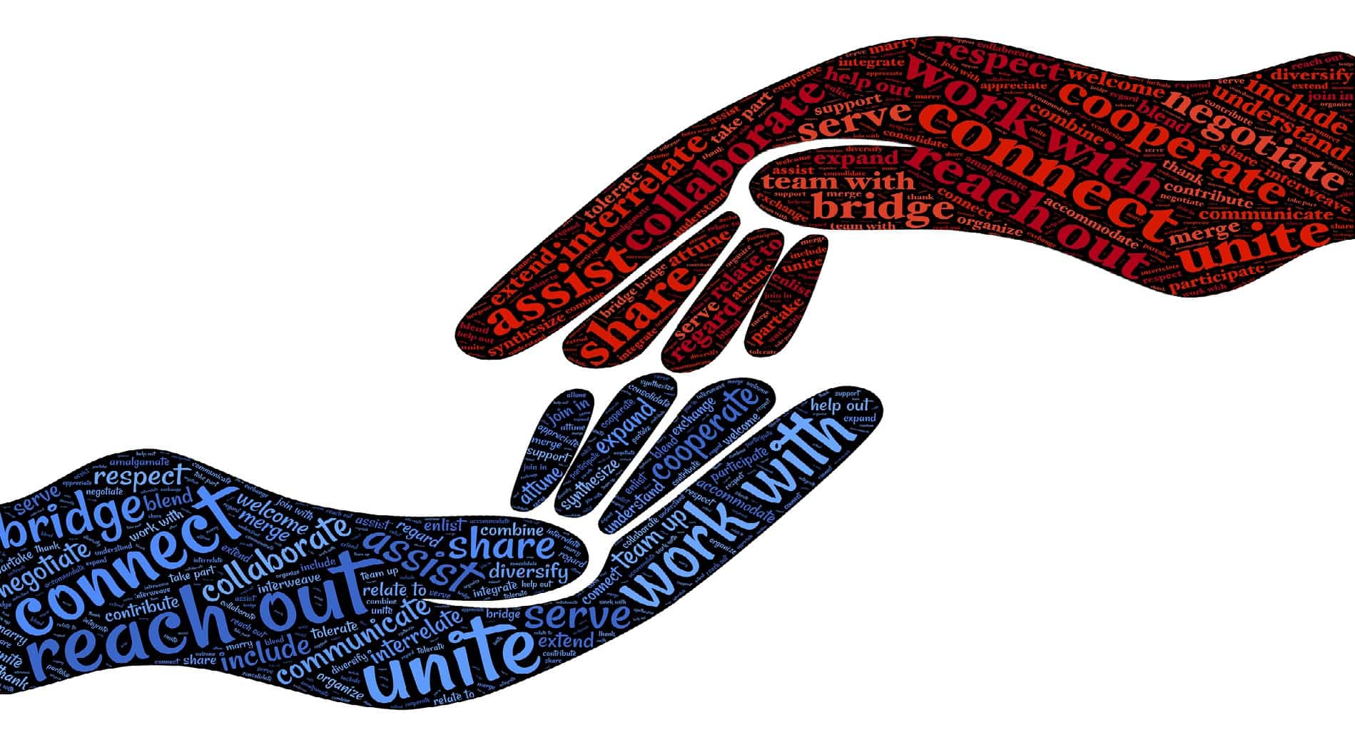 A graphic hand with blue words and a graphic hand with red words reaching for each other.  The words in each hand are all synonyms for the word “connect.