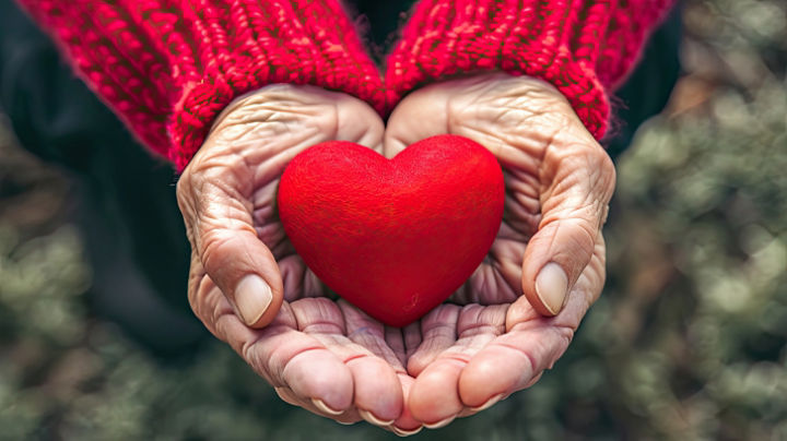 Elderly senior person or grandparent's hands with red heart