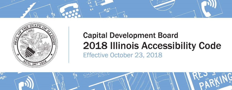 A white banner describing the issue date of the 2018 Illinois Accessibility Code over a blue background with road signs and blueprints.