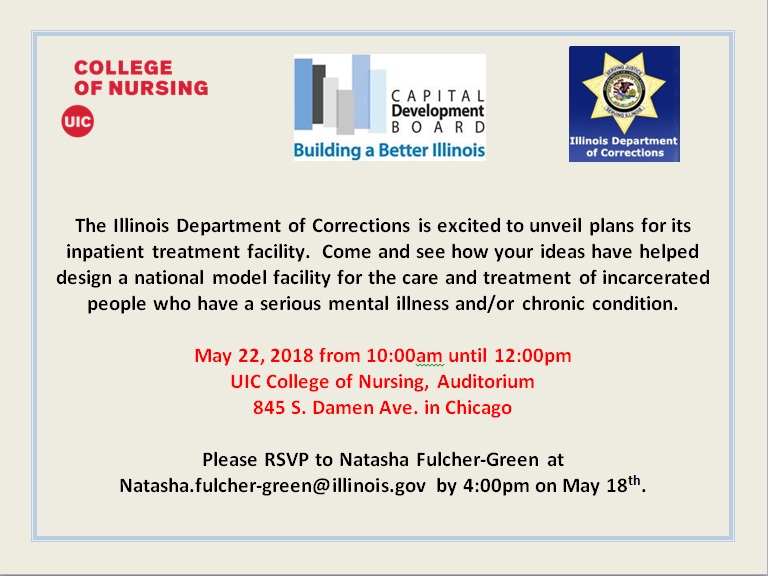 A poster detailing the time and location of the unveiling of plans for an inpatient treatment facility at the Illinois Department of Corrections.