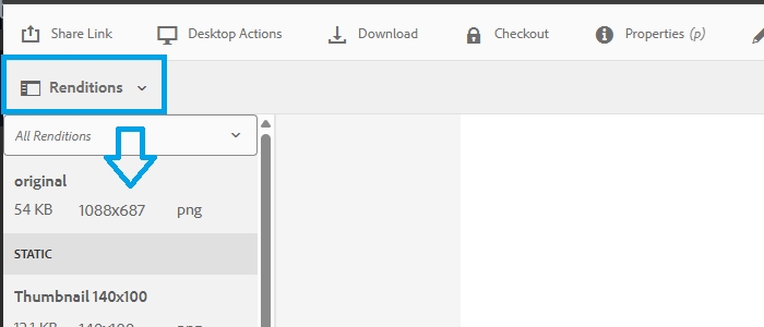 Rendition dropdown to view renditions of asset