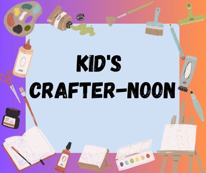 Logo for Kid's Crafter-noon with text surrounded by cartoon art supplies