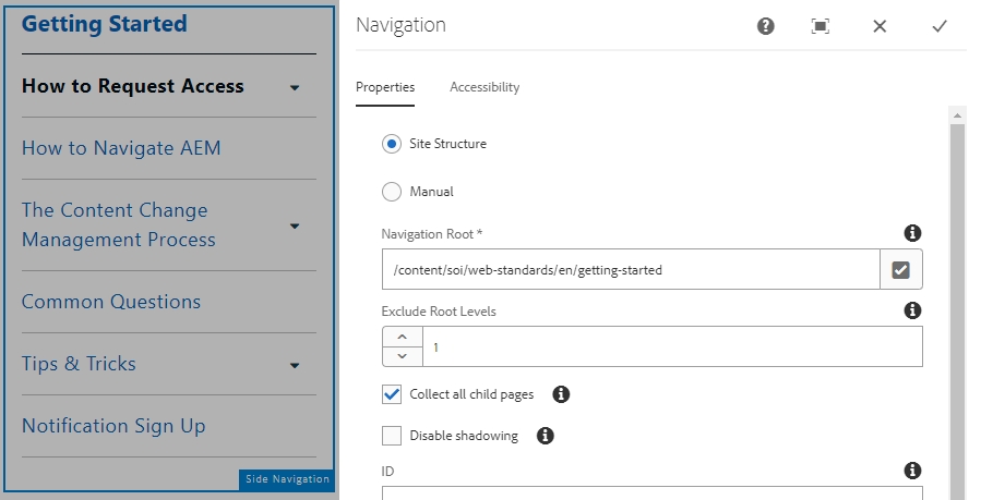 Left Hand Navigation Setup