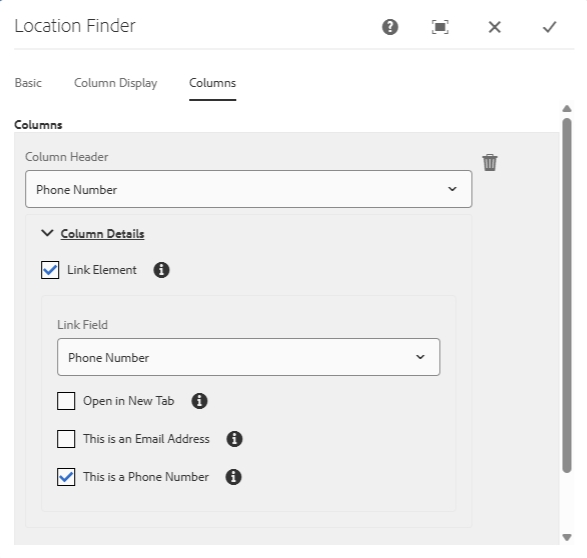 Location Finder Columns tab