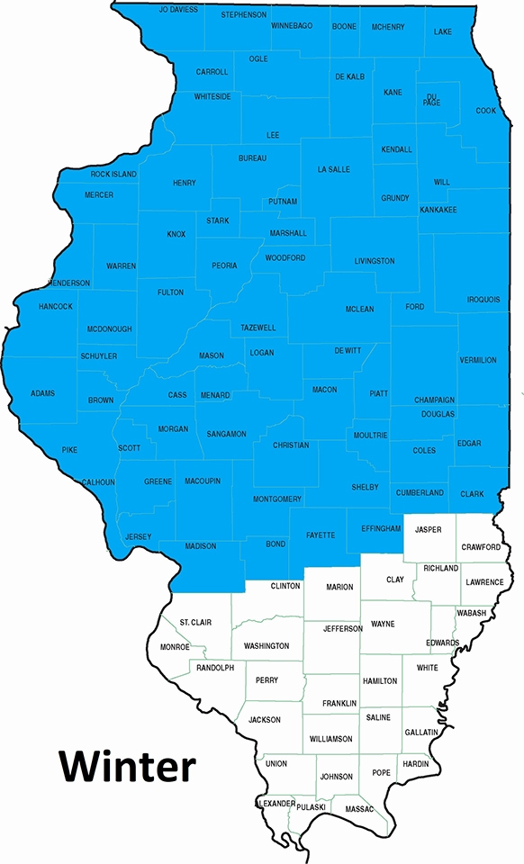 map showing winter residency in the northern two thirds of Illinois