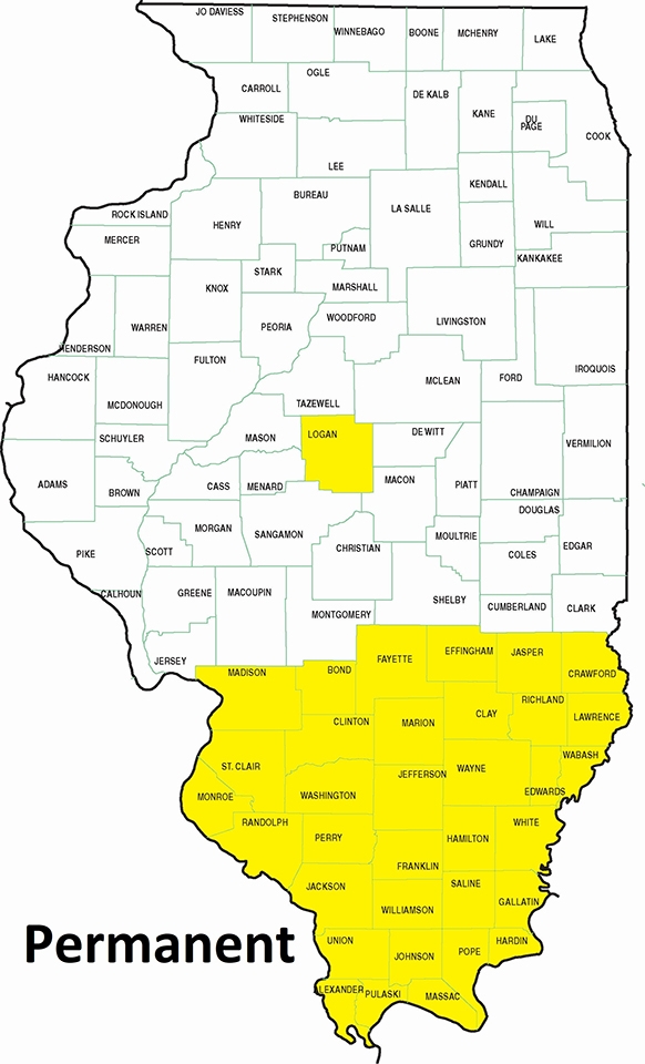 map showing permanent residency in the southern third of Illinois and also including Logan County in central Illinois