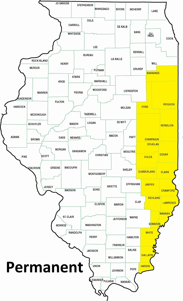map showing permanent residency along eastern Illinois