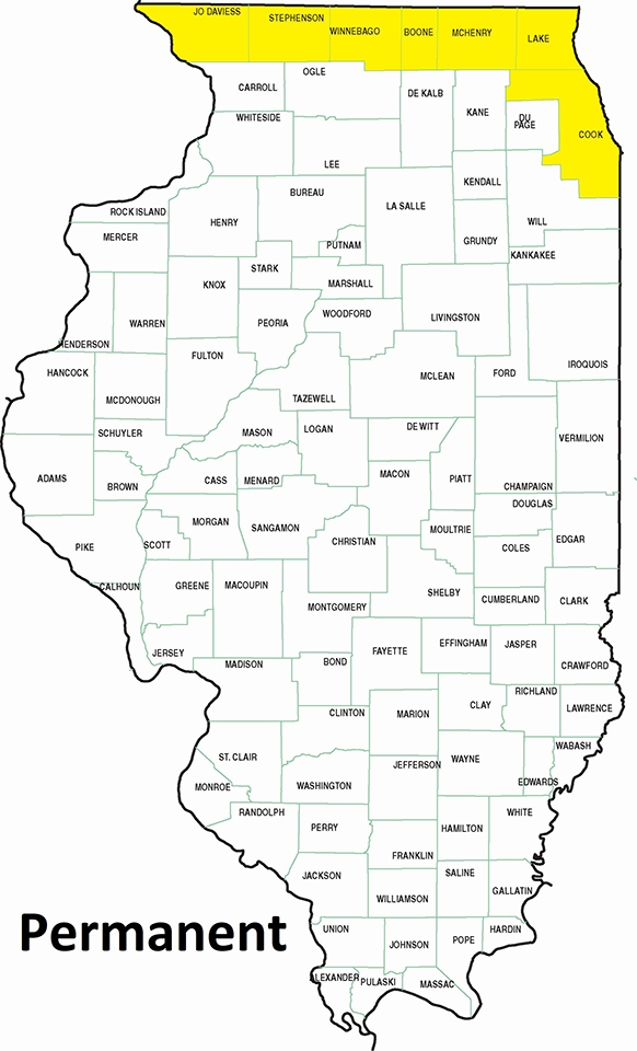 map showing permanent residency including extreme northern Illinois and Cook County