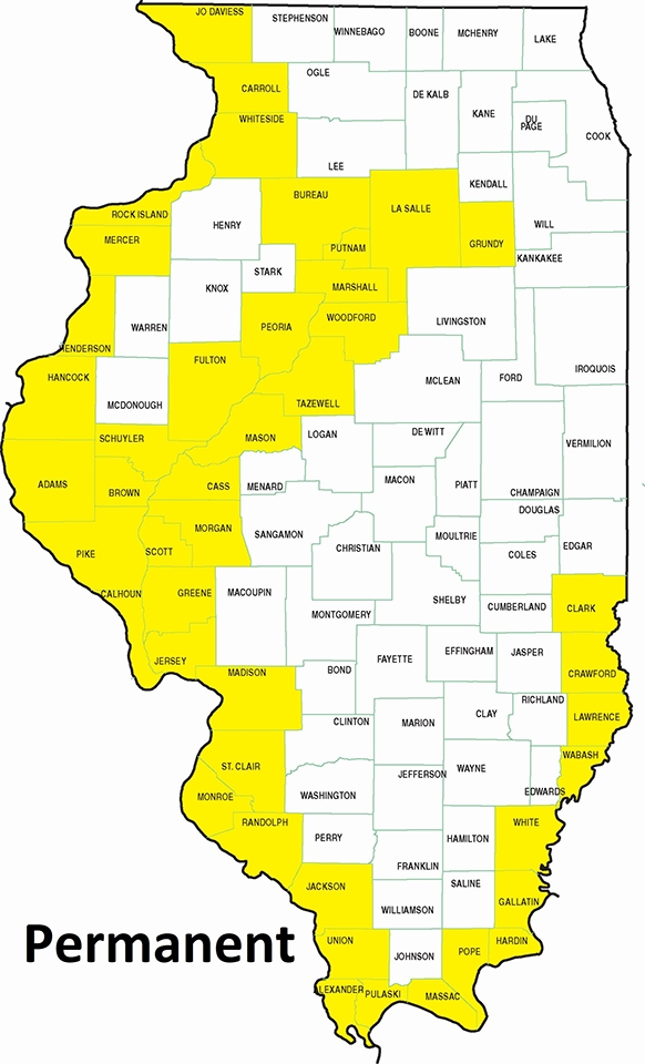 map showing permanent residency in major rivers in Illinois