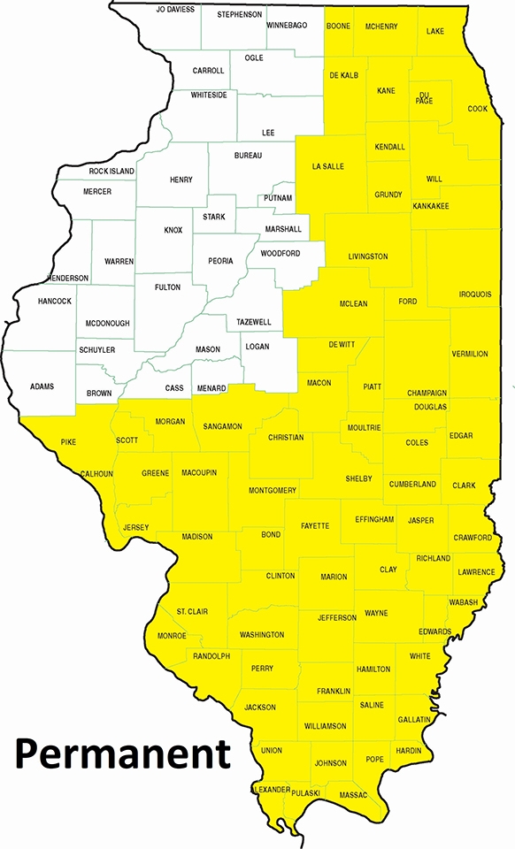 map showing statewide permanent residency except northwest quadrant from Interstate 72 to Interstate 39