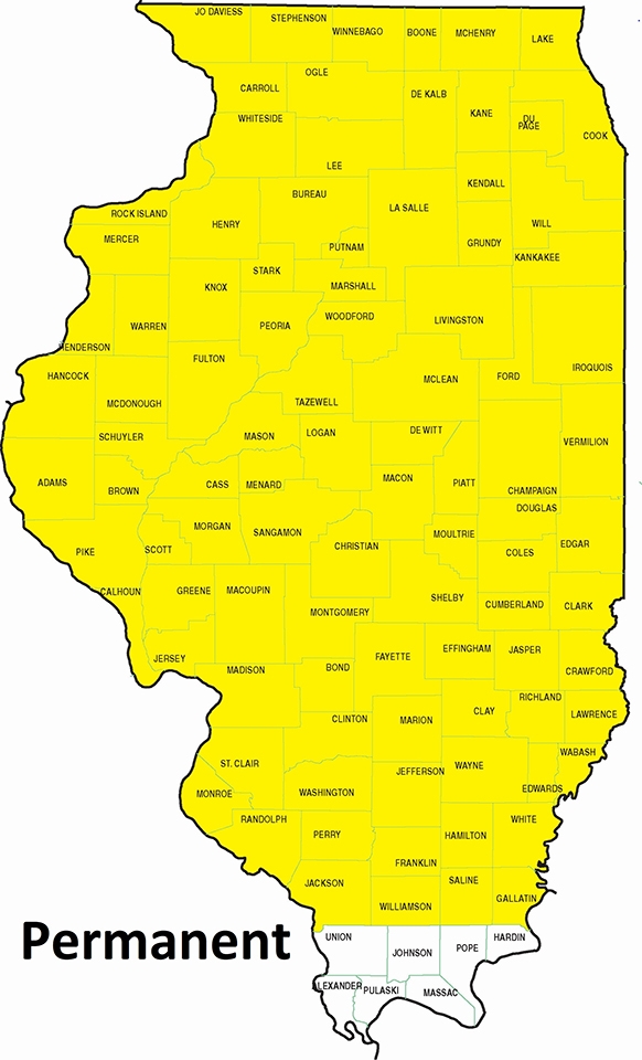 map showing permanent residency except the seven southern Illinois counties