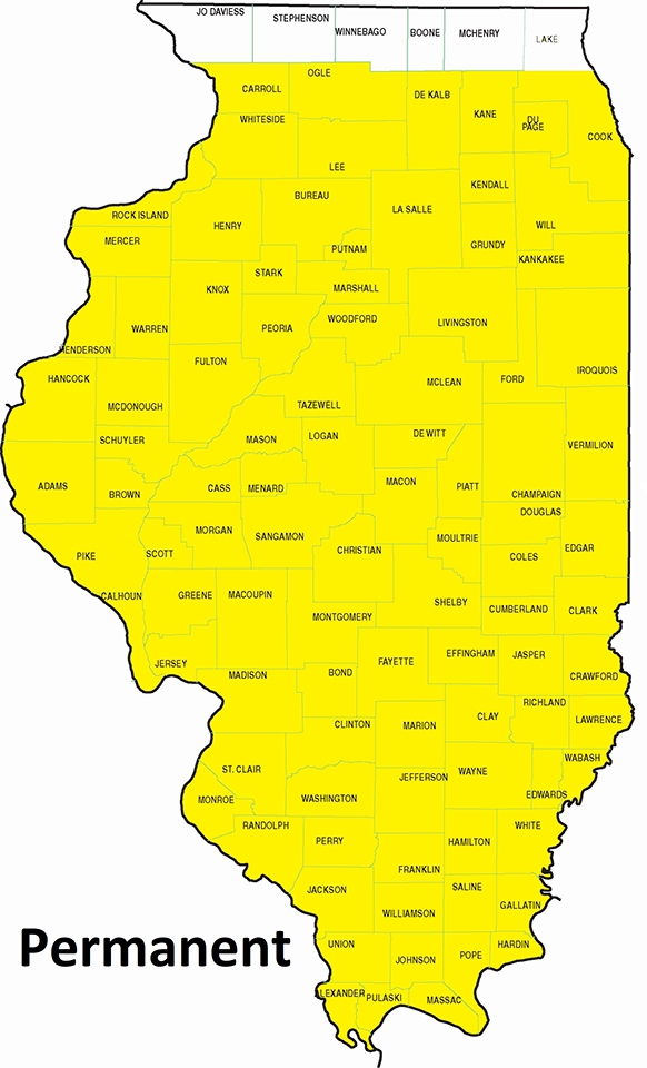 map showing permanent statewide residency except northern most row of counties in Illinois