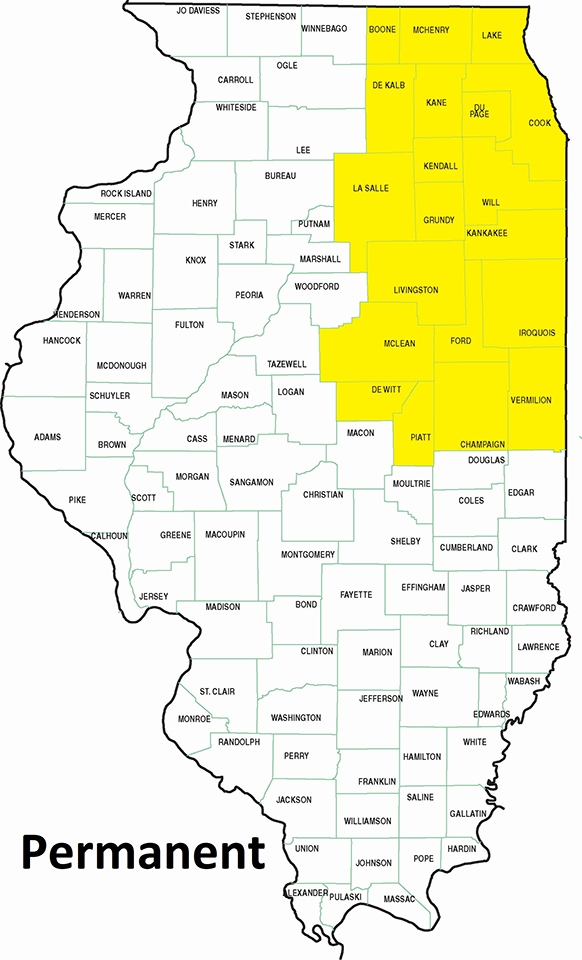 map showing permanent residency in the northeast quadrant of Illinois