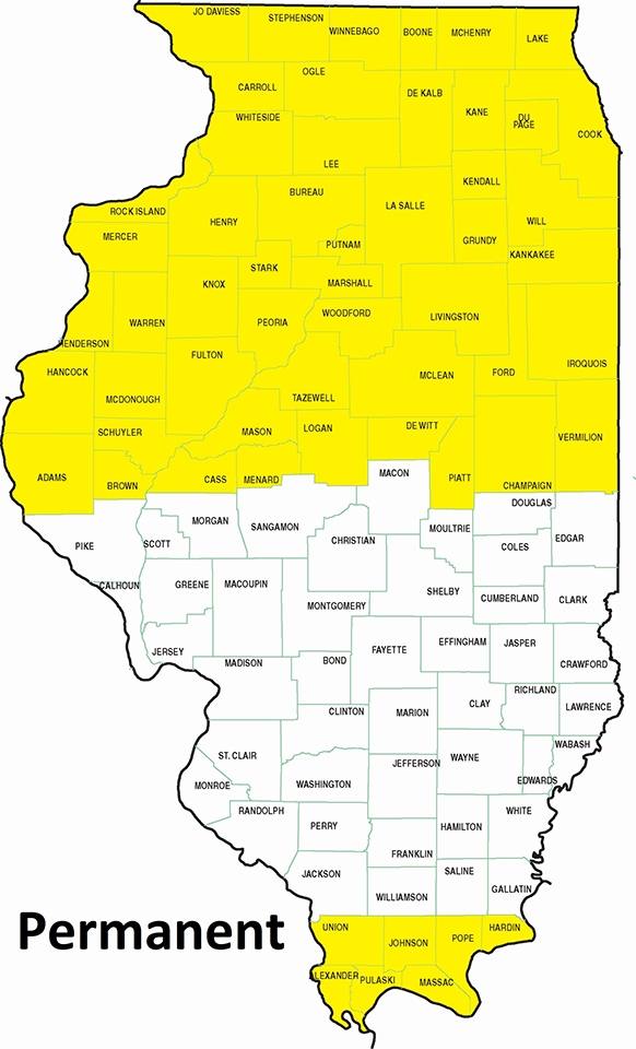 map showing permanent northern half and southern seven counties residency in Illinois