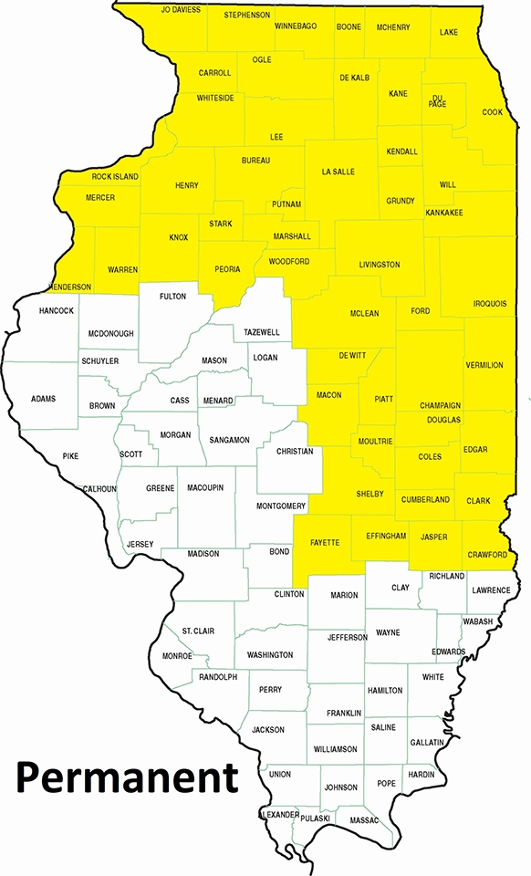 map showing permanent residency in Illinois including the northern third and east-central Illinois