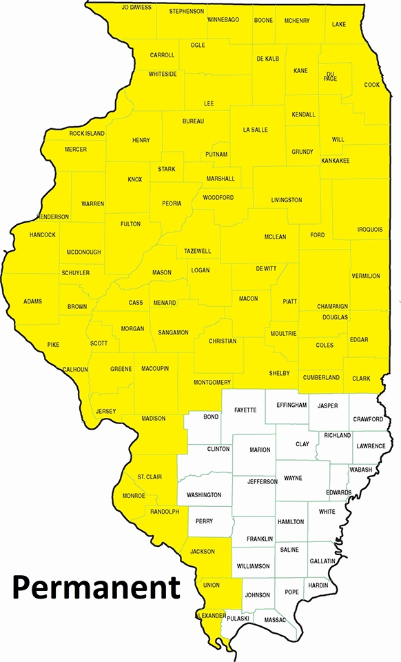 map showing permanent residency in the northern two thirds of Illinpois and also along the Mississippi River in the remaining southern third of the state