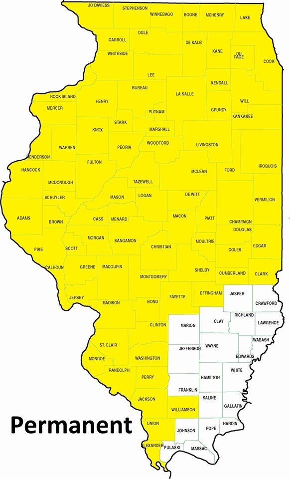 map showing permanent statewide residency except southeastern Illinois 