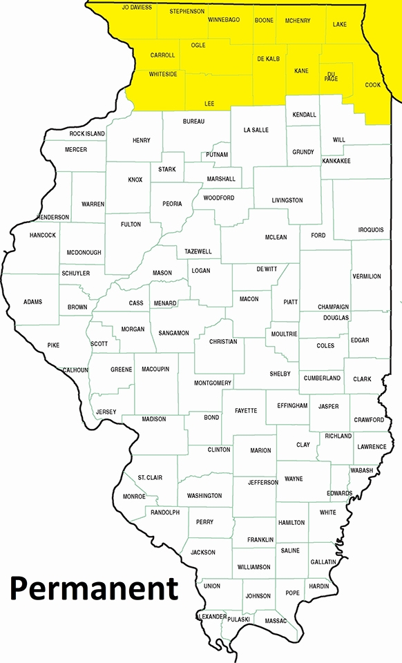 map showing permanent residency in the northern quarter of Illinois including Lake Michigan