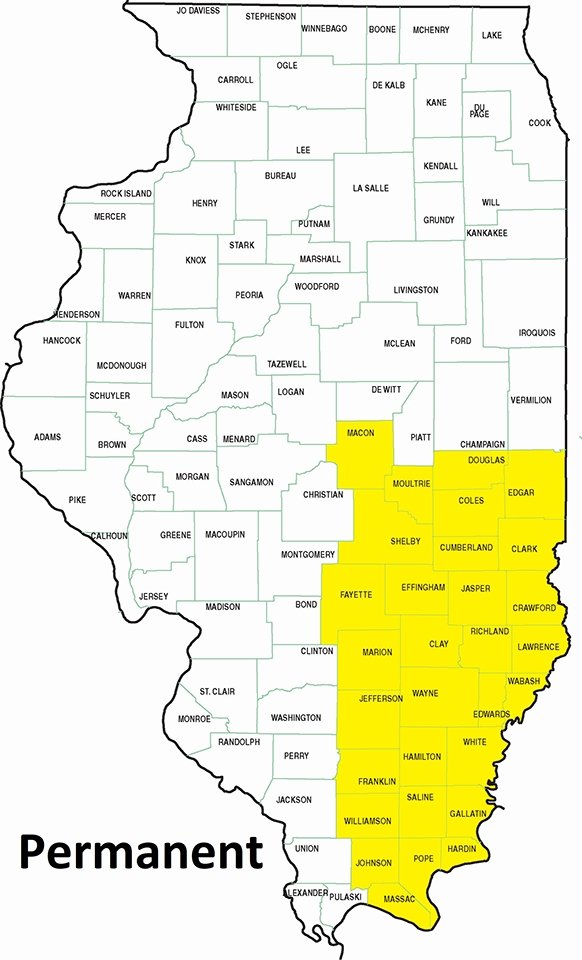 map showing permanent residency in the southeast quarter of Illinois