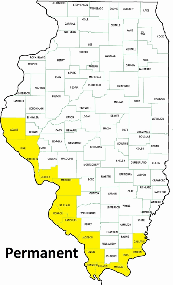 map showing permanent residency along the Mississippi River counties in the southern half of Illinois