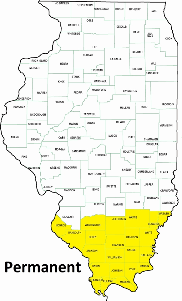 map showing permanent residency in the southern quarter of Illinois