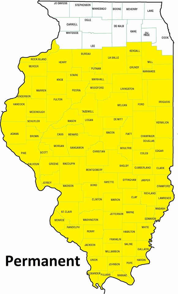 map showing permanent residency in the southern three-quarters of Illinois