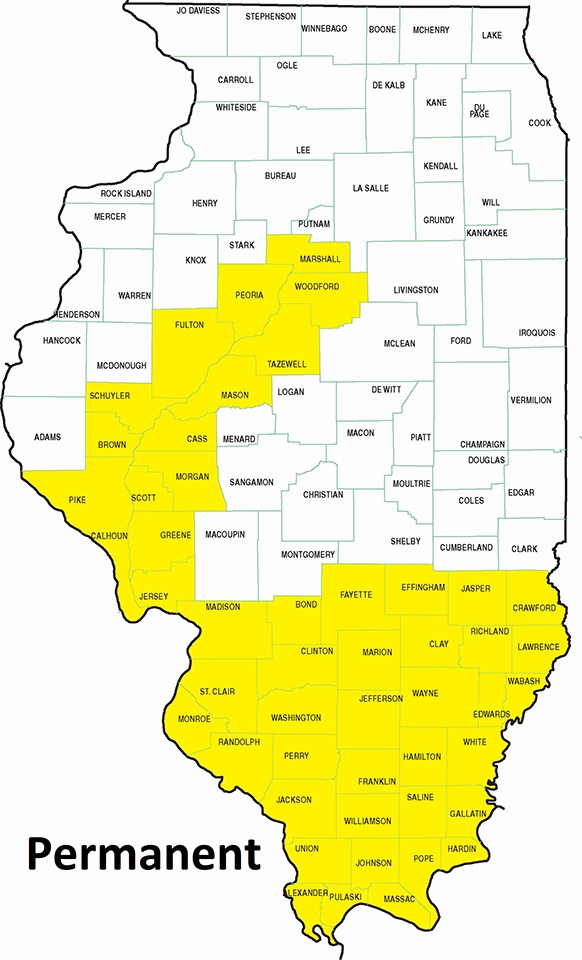 map showing permanent residency in the southern one third of Illinois and the Illinois River Valley counties