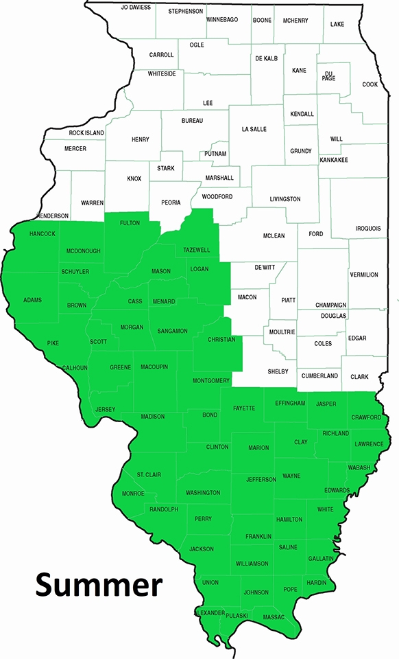 map showing summer residency in southern and west central Illinois