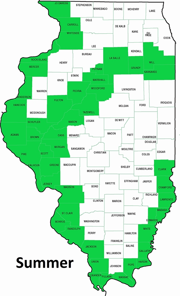 map showing black-necked stilt summer residency along Illinois' major rivers