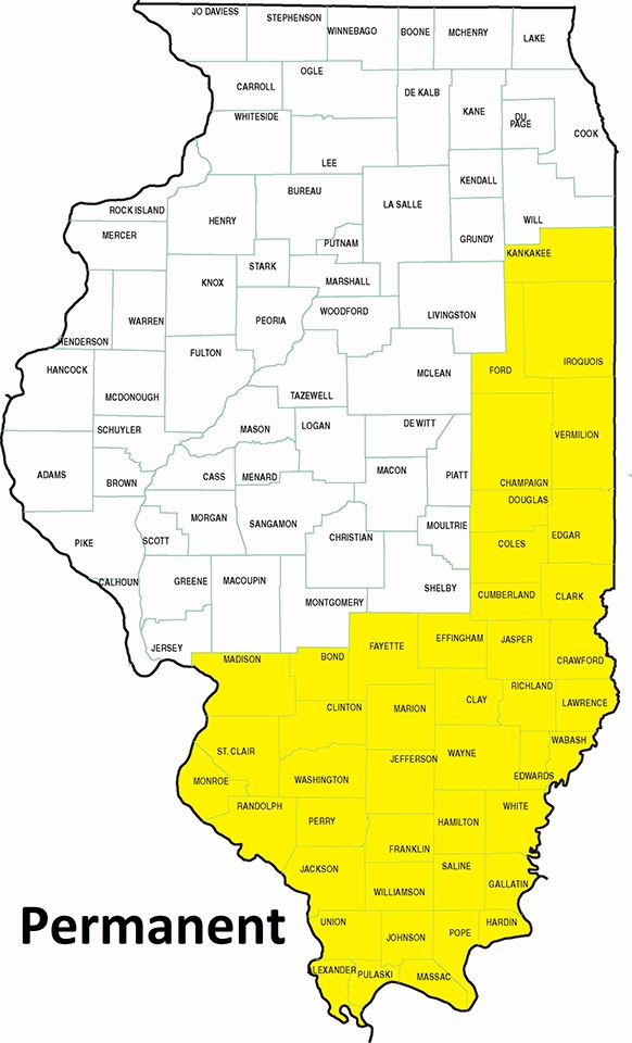 map showing carolina chickadee permanent rang including the southern third and eastern quarter of Illinois