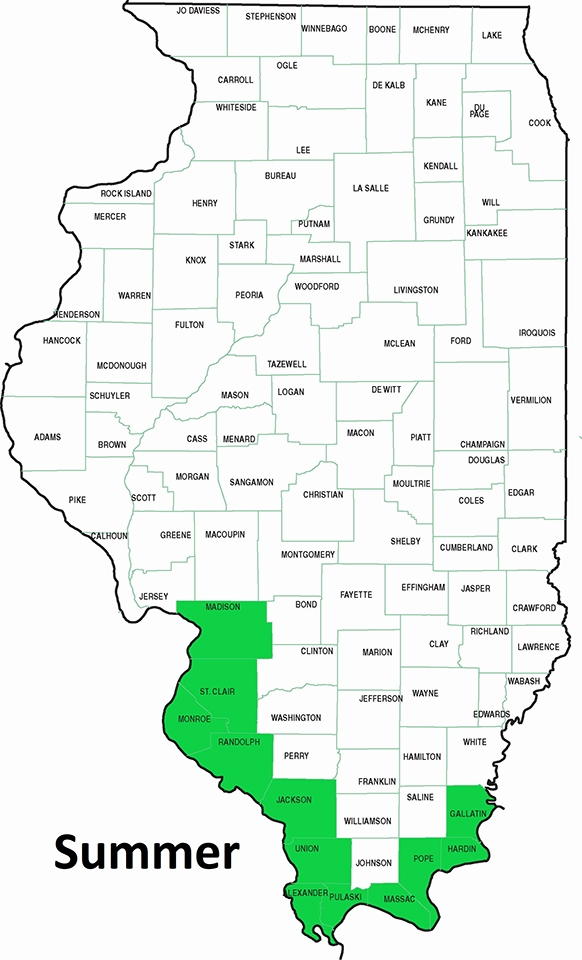 map showing Alabama shad summer residency along Mississippi, Ohio and Embarrass Rivers in Illinois