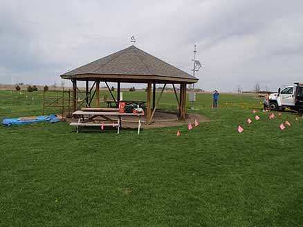gazebo marked with flags