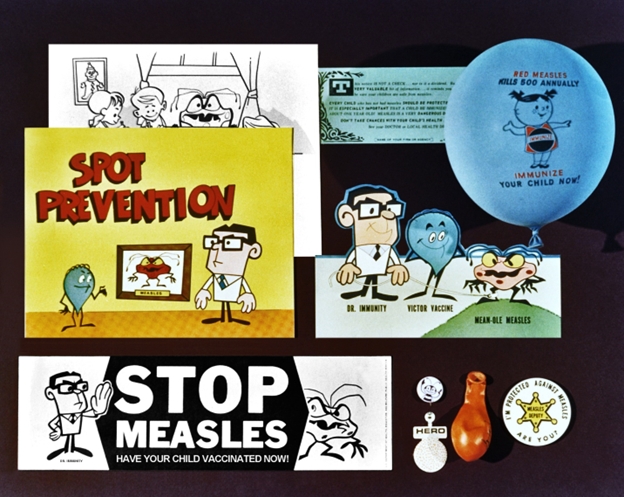 This is a montage of health marketing materials seen in this photograph, were used to promote measles vaccination participation in the U.S. during the 1960s. Before the measles vaccine became available in 1963, there were approximately 3- to 4-million cases, and an average of 450 deaths a year in the U.S., with epidemic cycles occurring every 2 to 3 years. More than half the population had measles by the time they were 6 years old, and 90% had the disease by the time they were 15-years of age.