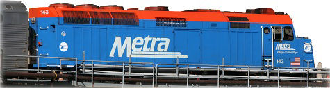 Blue and orange train with "metra" written in white paint on the side.