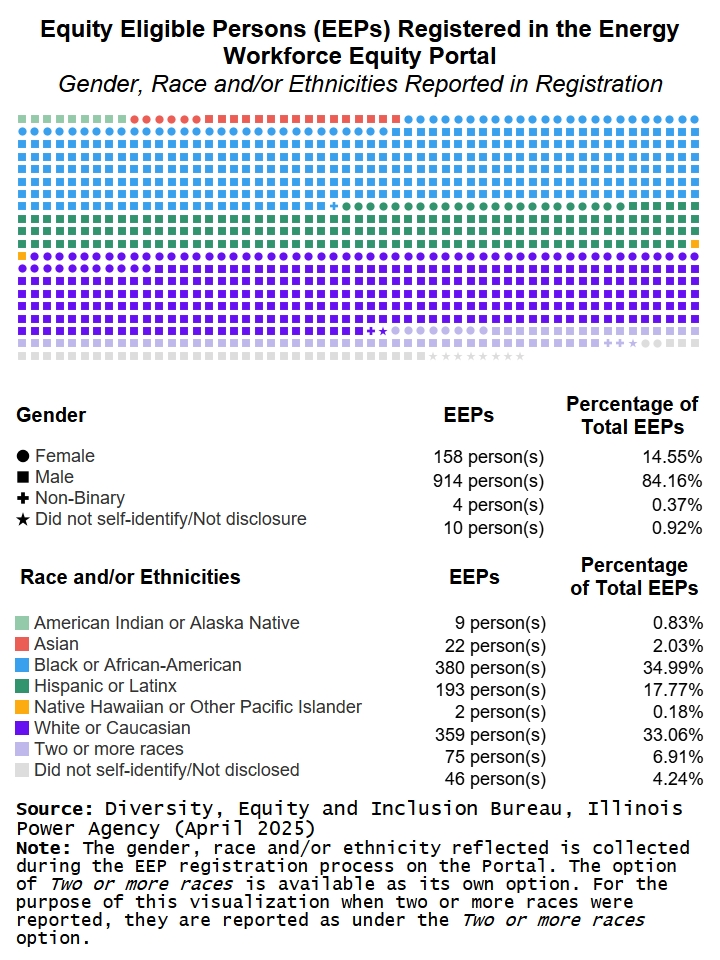 Representative shape infographic of Equity Eligible Persons registered in the Energy Workforce Equity Portal by Gender, Race and or Ethnicities reported in registration. Trend towards most populous Gender:Male and Race:White, second most Race: Black.