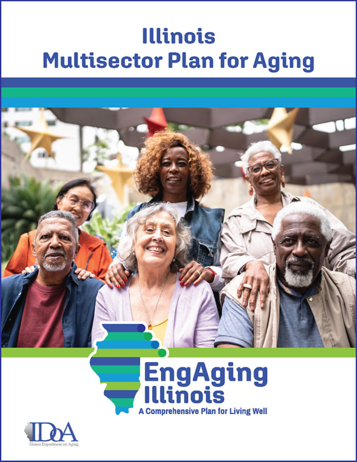 multisector plan on aging report image of senior smiling for the camera with the i d o a logo and the engaging illinois logo