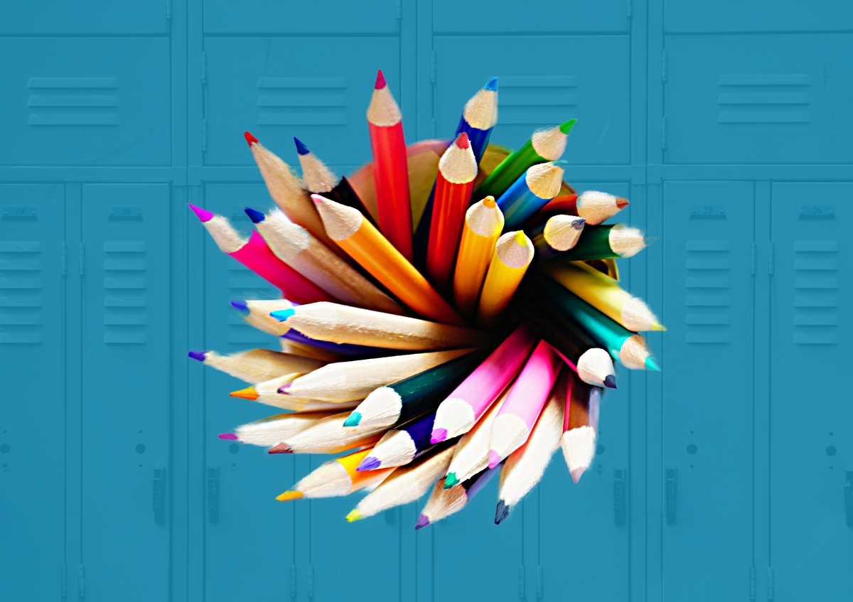 image of multi-colored pencils with school lockers in the background