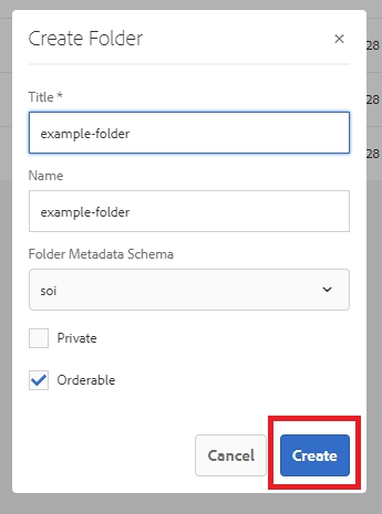 Create Folder modal pop up with the Create button outlined in red.