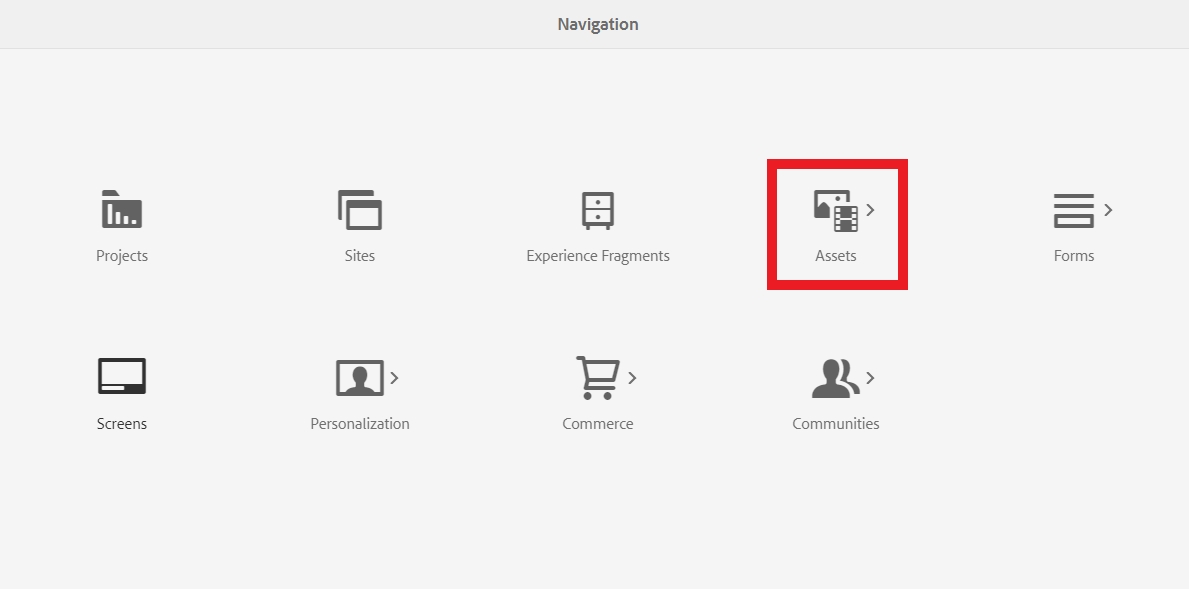Assets Icon on AEM Navigation Page Outlined in Red