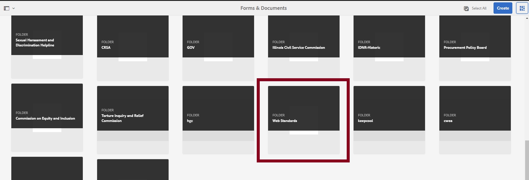 Forms & Documents Navigation page. Selected folder outlined.