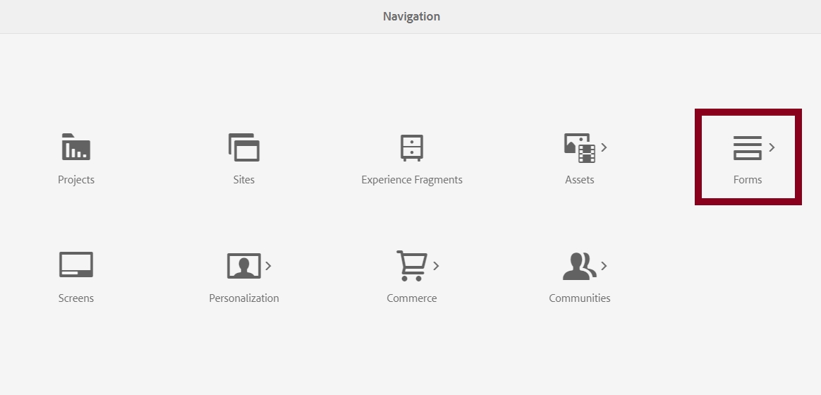AEM Navigation page with Forms icon outlined