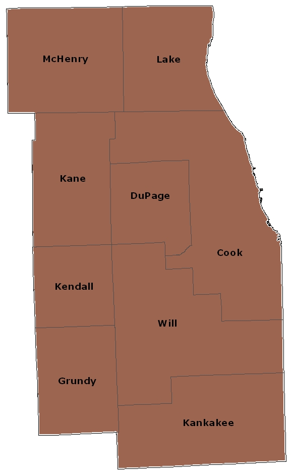 Solid color map of Northeastern Illinois, showing county names