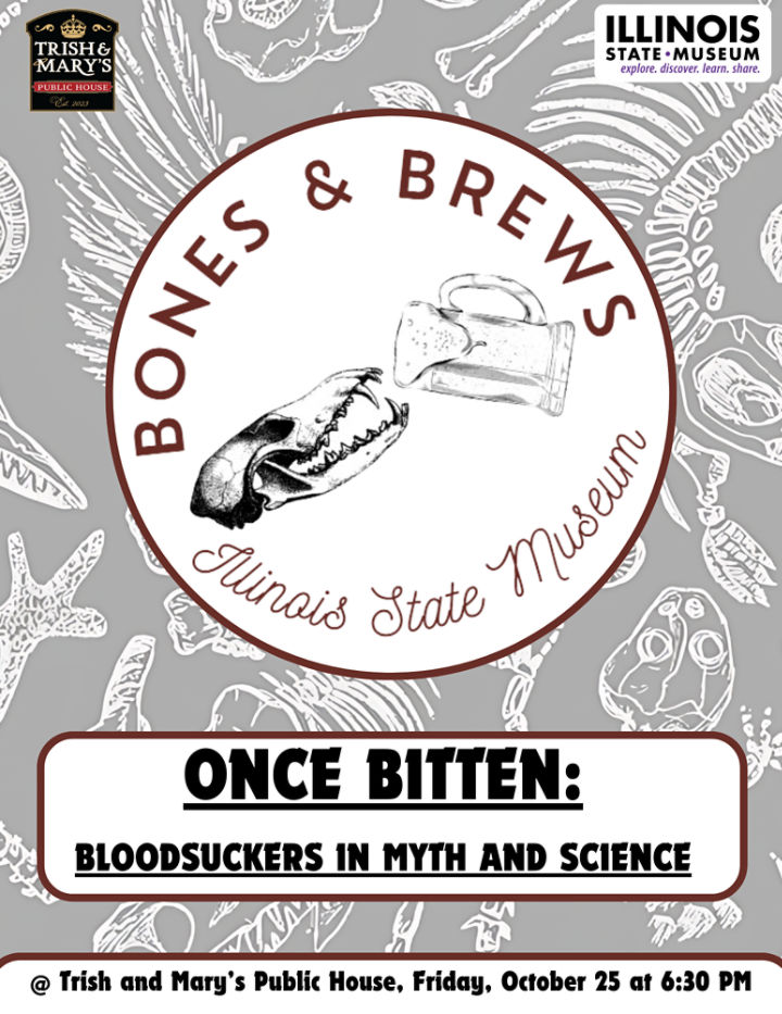 Bones and brews text over the skeleton of a mastodon 