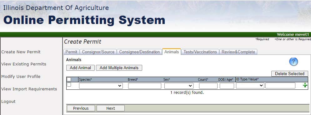 animals screen for the online permitting system 