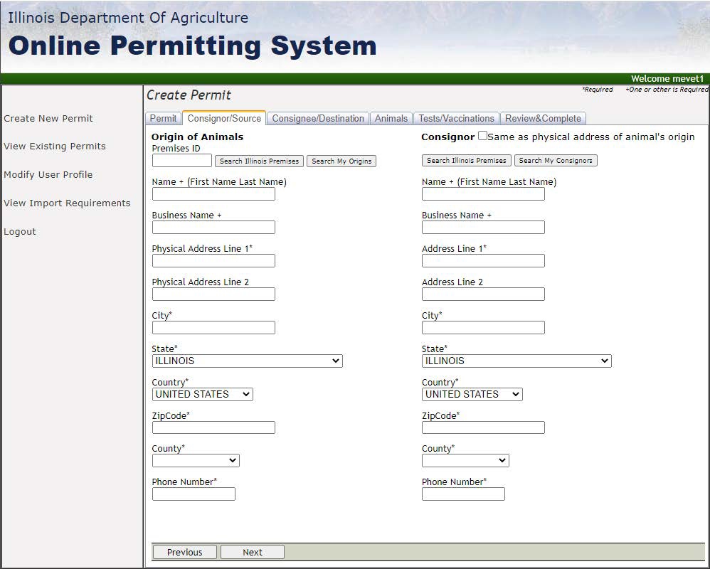 consigner  screen for the online permitting system 